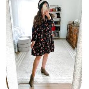 Black and Pink Long Sleeve Sundress with Bishop Sleeves